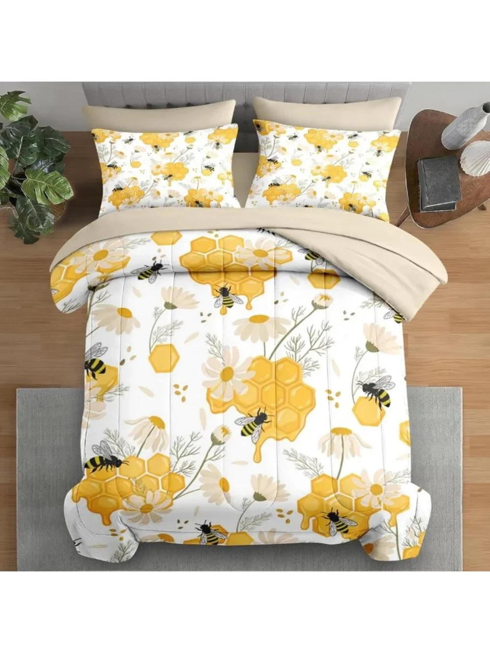 Cozy 7-Piece Bees Honey Comforter Set with Sheets - Stylish Bedding Ensemble